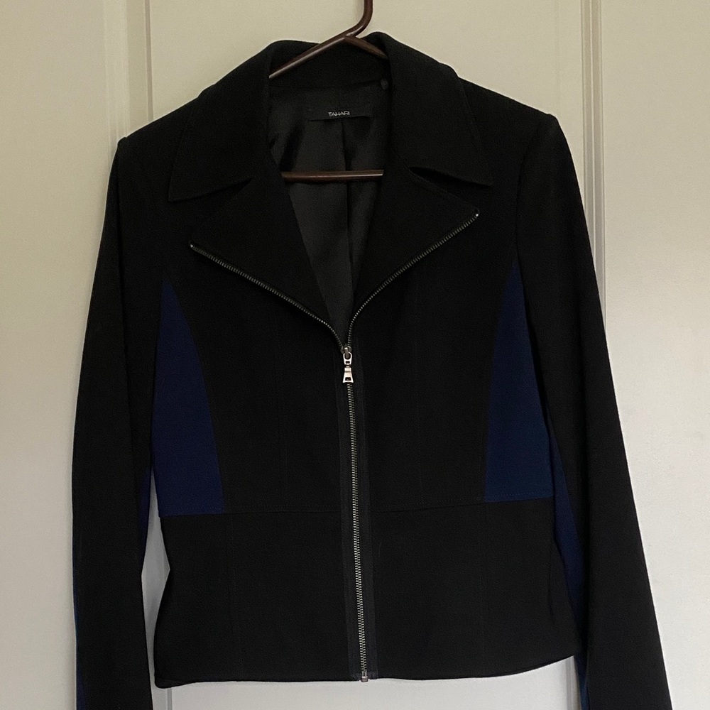 Tahari Black and Blue Blazer with bronze zipper.